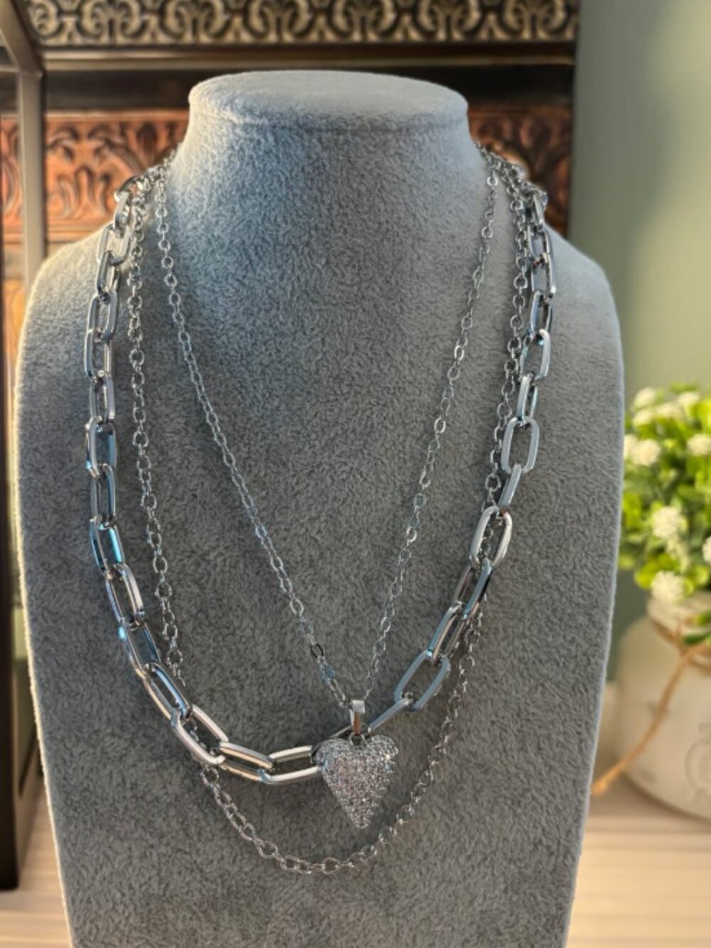 Multi strand rhodium CZ heart necklace